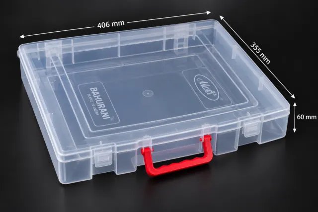 The 14 by 16 inch Bahurani saree box in translucent PP, showing the moulded carry handle and the snap latches