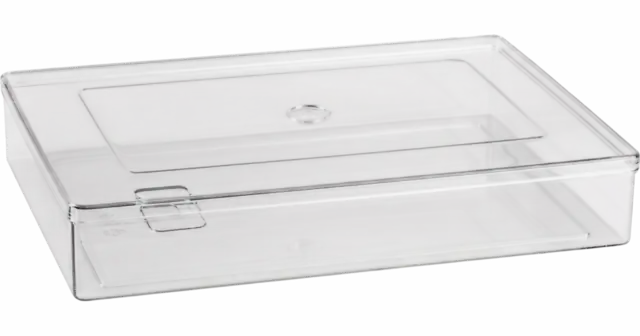 A large transparent rectangular chocolate packaging box with a fitted lid and a closing tab at the front.