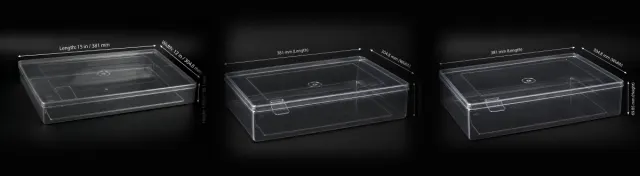 The 12 by 15 crystal saree box at 1.50, 2.25 and 2.75 inch depths, side by side