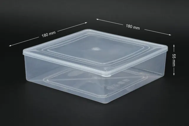 A square 7 by 7 inch PP dosa box with dimension labels