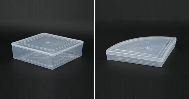 A square 7 × 7 dosa box for ten paper dosas beside a triangle dosa box, both translucent with fitted lids.