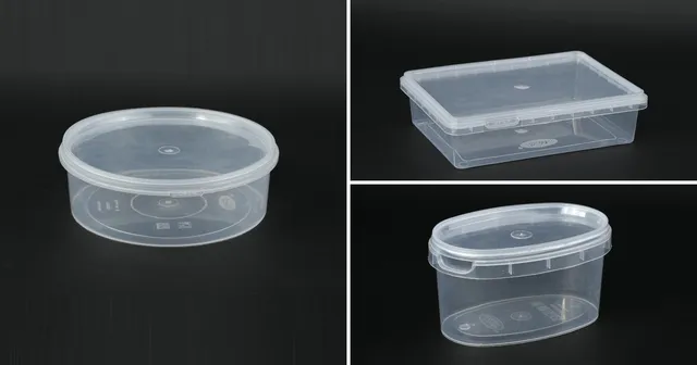 Three rigid plastic food containers, a round tub, a rectangular sweet container and an oval ice-cream tub, the kind of packaging EPR obligations cover.