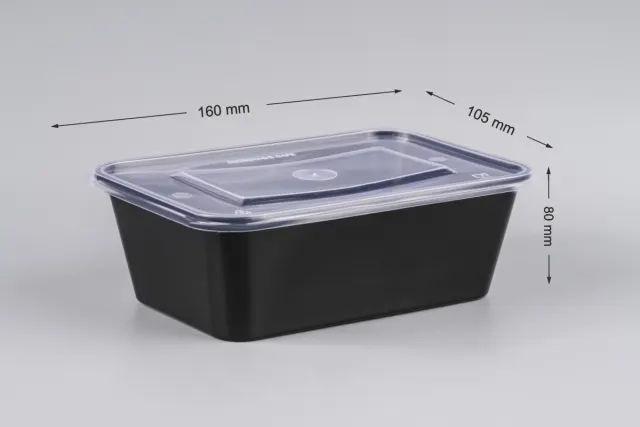A 1000 ml rectangular fast-food container with a black base and clear lid