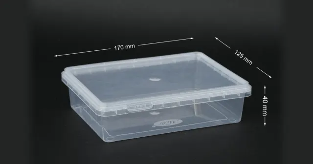 A 500 gm rectangular tamper-proof PP sweet container in transparent finish, labelled 170 by 125 millimetres.