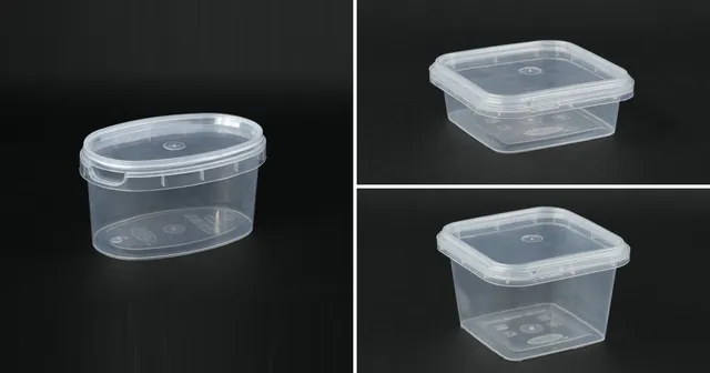 A 500 ml oval tamper-proof ice-cream container beside 250 ml and 500 ml square tamper-proof dairy containers, all translucent.