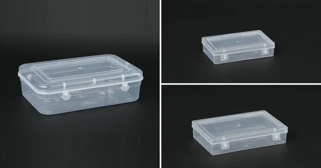 Three transparent boxes for imitation jewellery: a large No. 55 keeper box with clip closures beside the small No. 11 and No. 22 Kwality boxes.