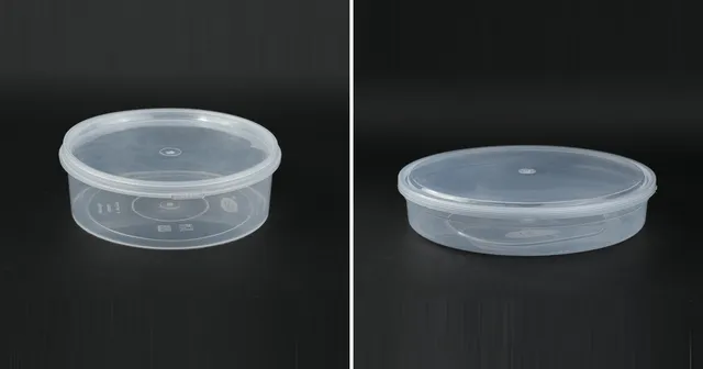 Two round translucent namkeen containers with fitted lids: a 1000 ml tamper-proof tub and a wider, shallower 1500 ml container.