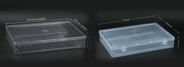 The same 8 by 12 trade size in both materials: the clear PET crystal box on the left, the translucent PP box on the right