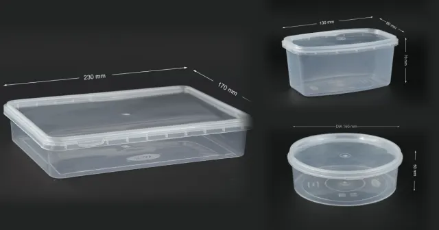 A 1 kg rectangular tamper-proof PP sweet container, an oval PP ice-cream tub and a round PP namkeen container, photographed together.