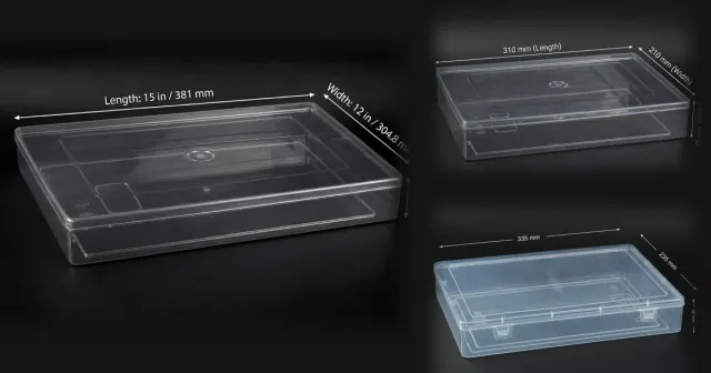 Three saree boxes with their dimensions labelled: a 12 by 15 crystal box, an 8 by 12 crystal box and a 9 by 13 PP box.