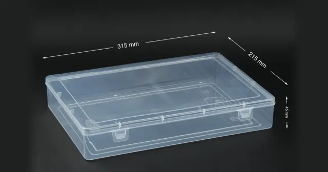 An 8 by 12 transparent PP saree box with its dimensions labelled, 315 by 215 by 45 millimetres.