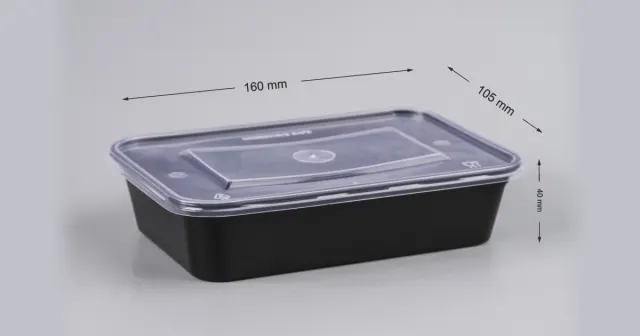 A 500 ml rectangular fast-food container with a black base and a clear lid, labelled 160 by 105 by 40 millimetres.