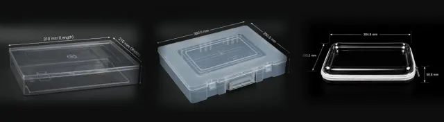 A clear PET crystal saree box, a frosted PP saree box with a carry handle, and a clear PET saree pouch with a zip, photographed side by side