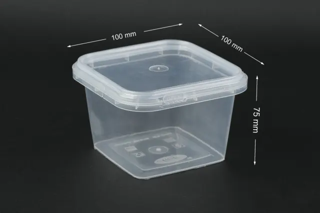 A 500 ml square tamper-proof PP container with dimension labels