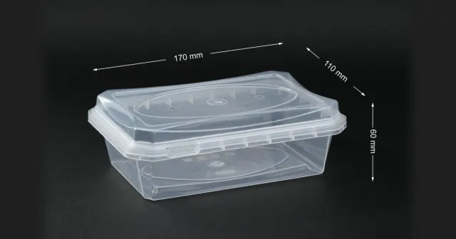 A 750 ml diamond-textured tamper-proof PP dates box in transparent finish, labelled 170 by 110 by 60 millimetres.